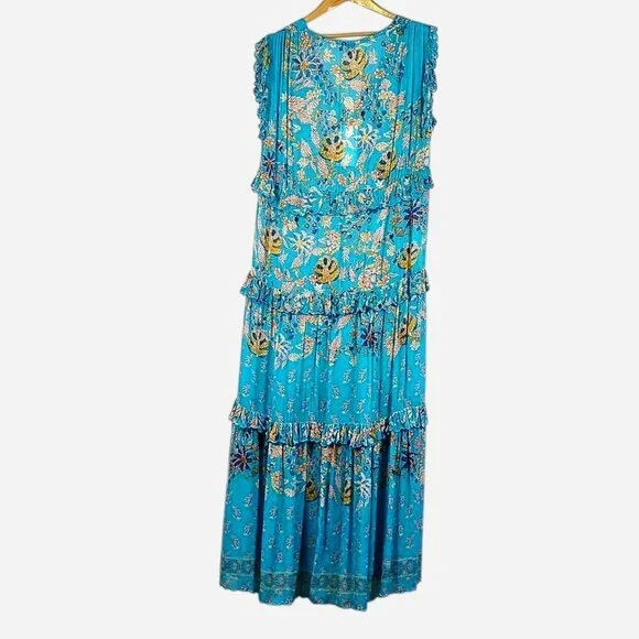 NWT Hemant & Nandita Turquoise Floral Ruffle Maxi Dress Size XS $498 - Picture 3 of 12